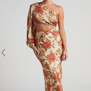 Showpo ABAGAIL MIDI DRESS - ONE SHOULDER CUT OUT DRESS IN BEIGE FLORAL